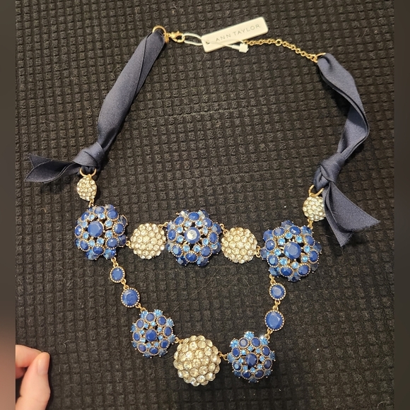 Ann Taylor Blue Layered Ribbon Jewel Necklace Black Silver Gold Womens NEW